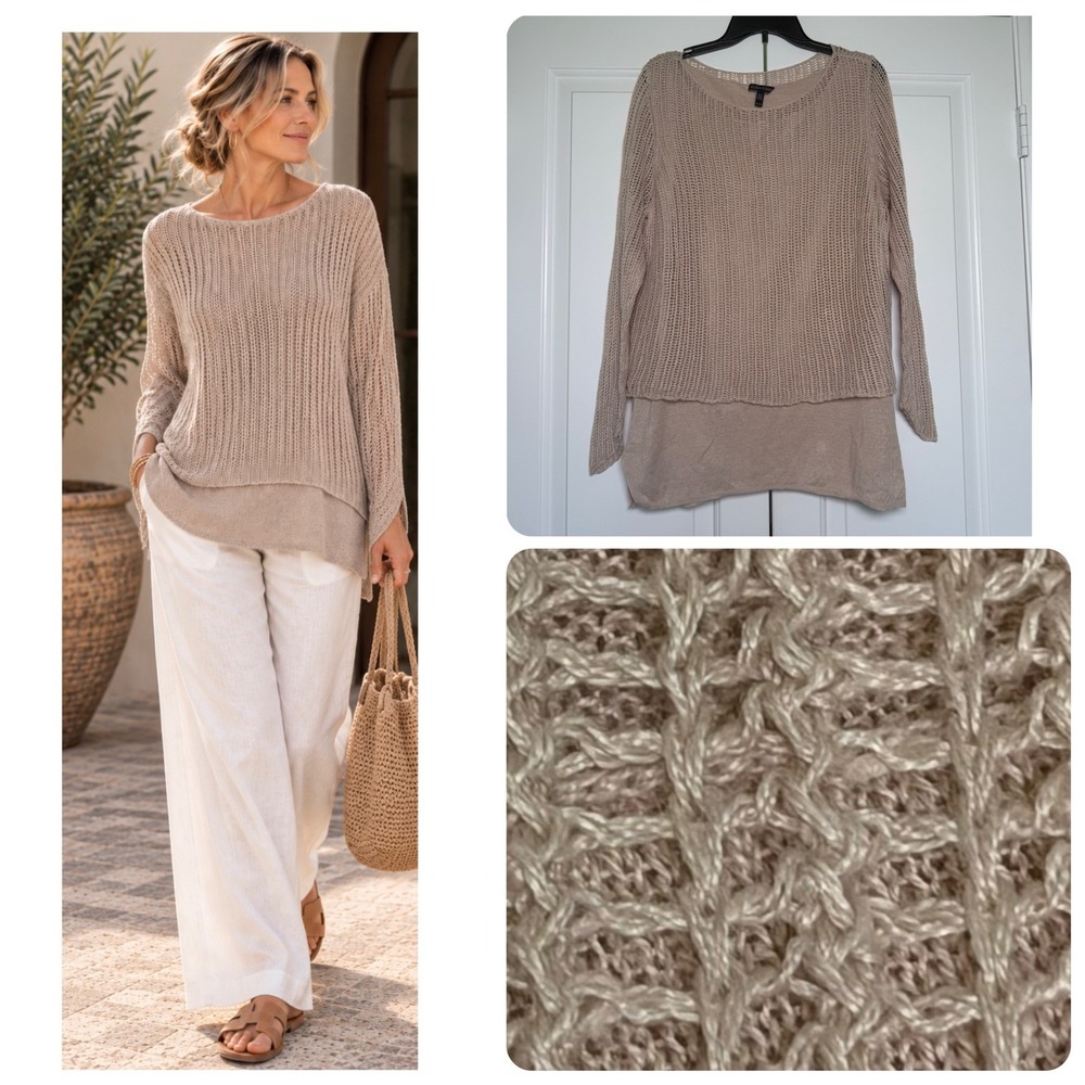 Eileen Fisher XL 100% Organic Linen Open Knit Layered Tunic Sweater Lagenlook